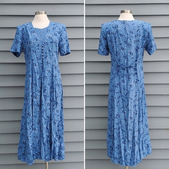 Vintage 90s y2k Blue Floral Button Front Lace-up Corset Tie Back Midi Dress 10 - Picture 7 of 8